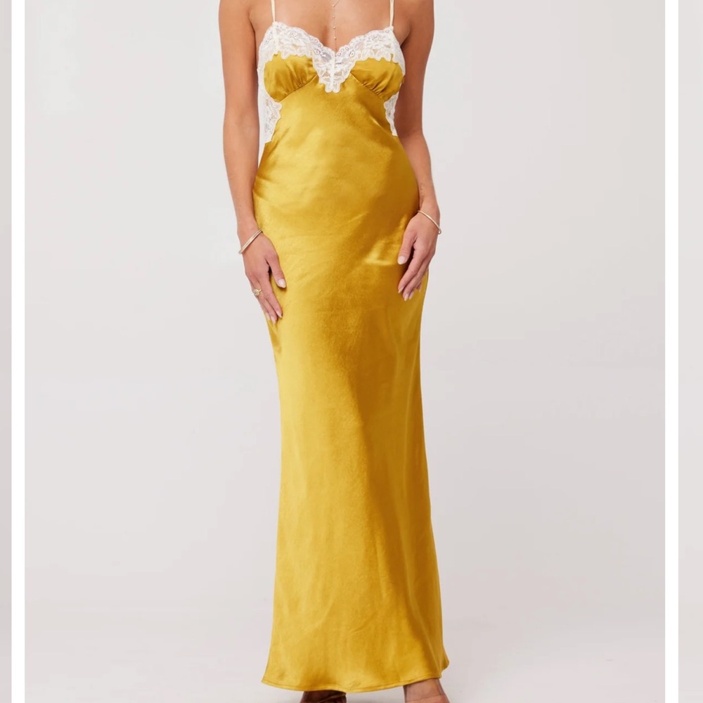 RESA Mustard Gold Satin Maxi Slip Dress with Cream Lace Trim
